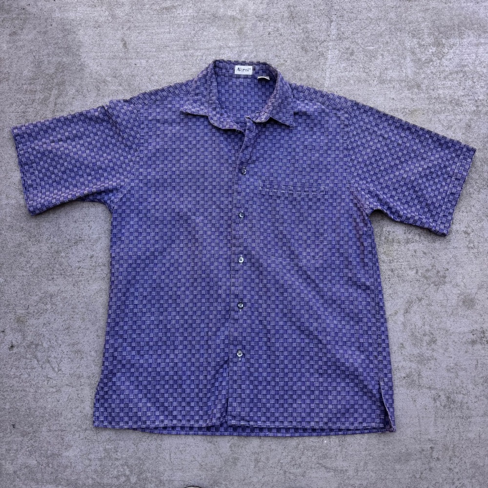 Acroi Mens Blue Purple Geometric Basketweave Cotton Short Sleeve Button Up Shirt